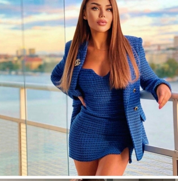 Zara Blue Tweed Jumper Dress Pinafore Mini Sleeveless Size Medium  With Pockets! - Picture 9 of 16